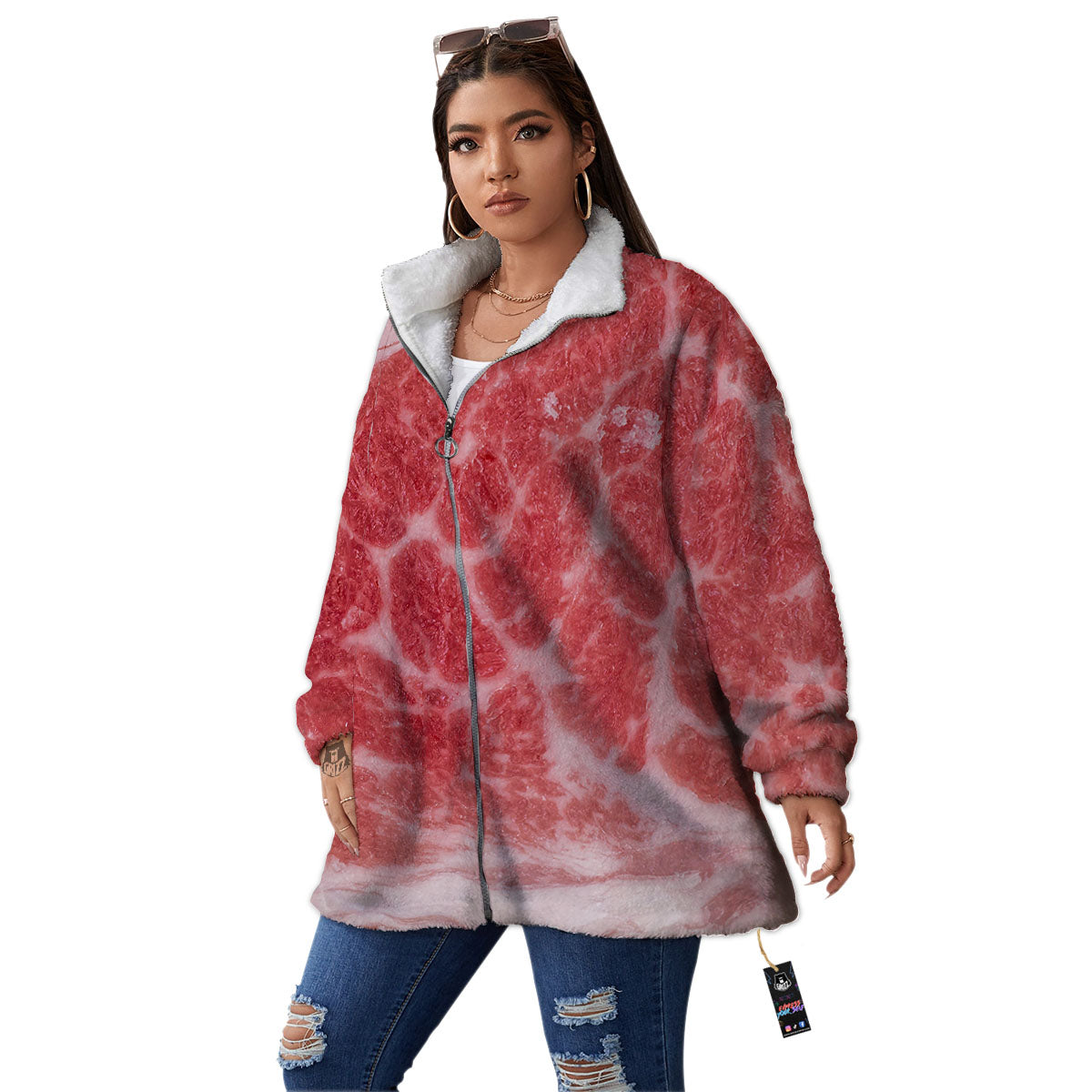 Meat Wagyu Beef Print Women's Sherpa Jacket-grizzshop