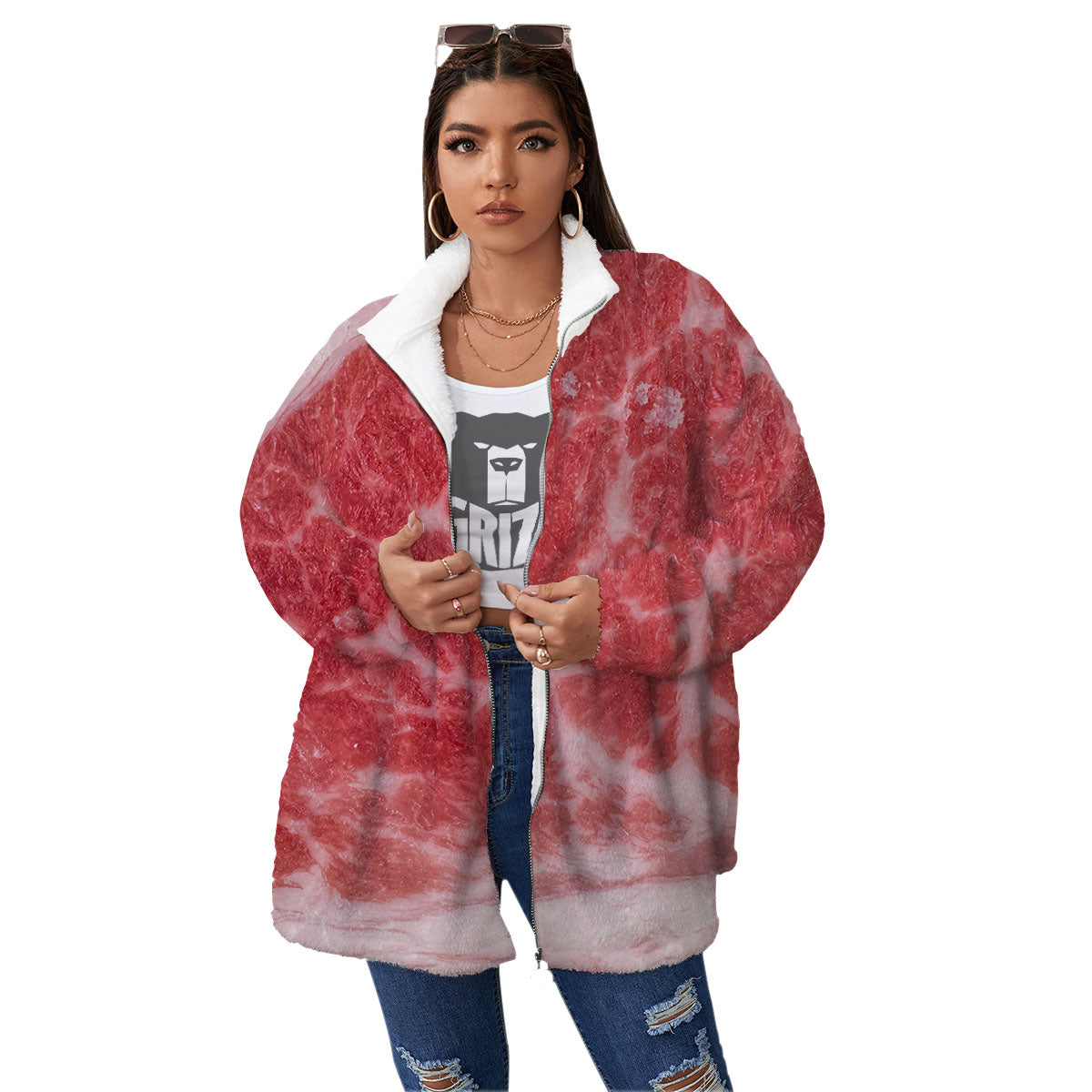 Meat Wagyu Beef Print Women's Sherpa Jacket-grizzshop