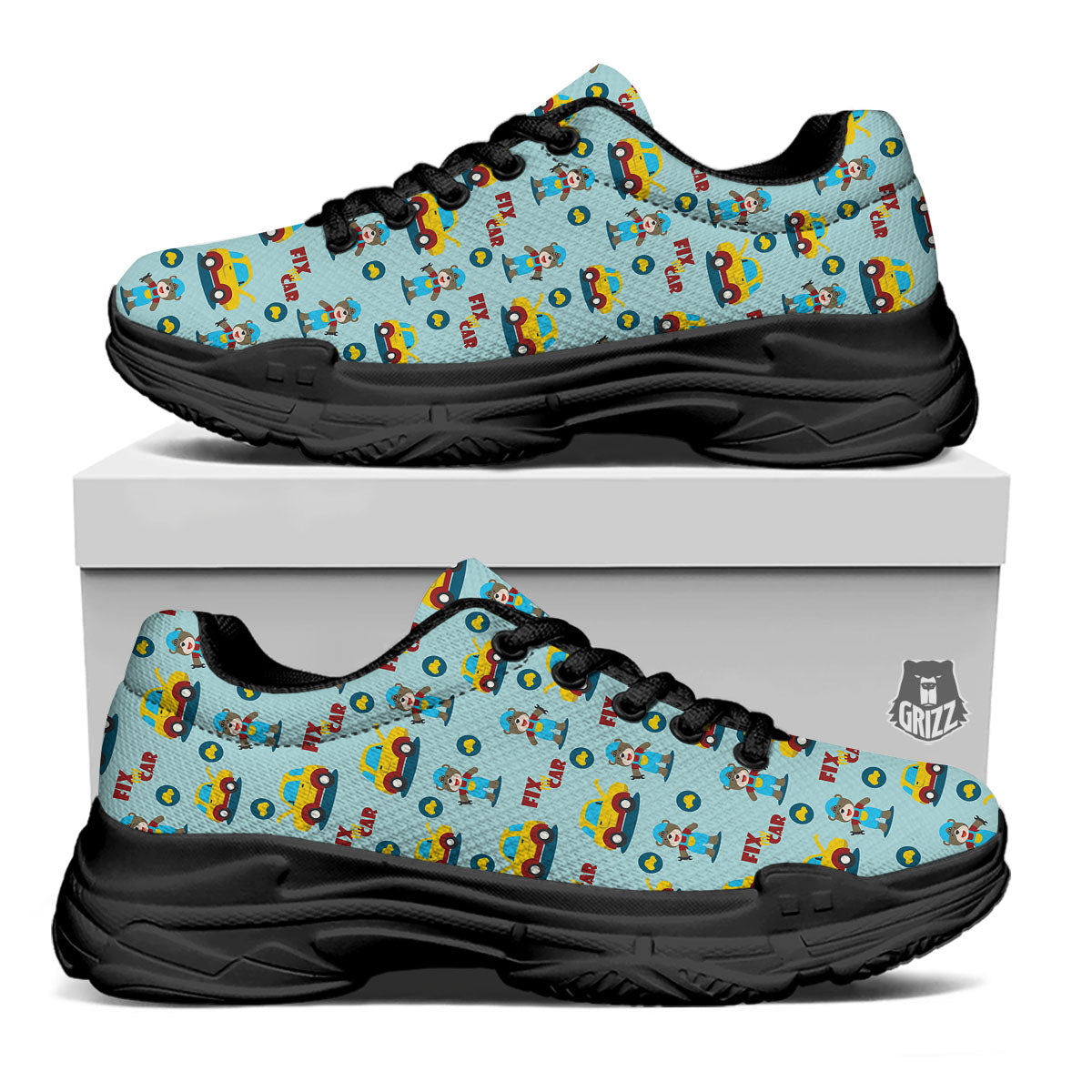 Mechanic Cartoon Print Pattern Black Chunky Shoes-grizzshop