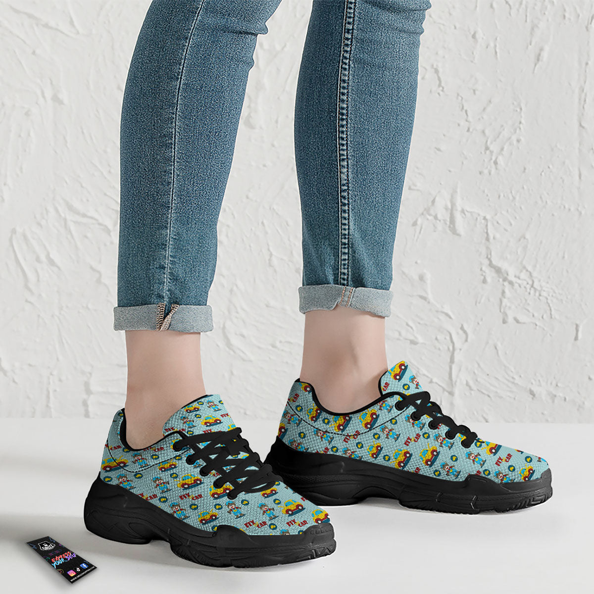 Mechanic Cartoon Print Pattern Black Chunky Shoes-grizzshop