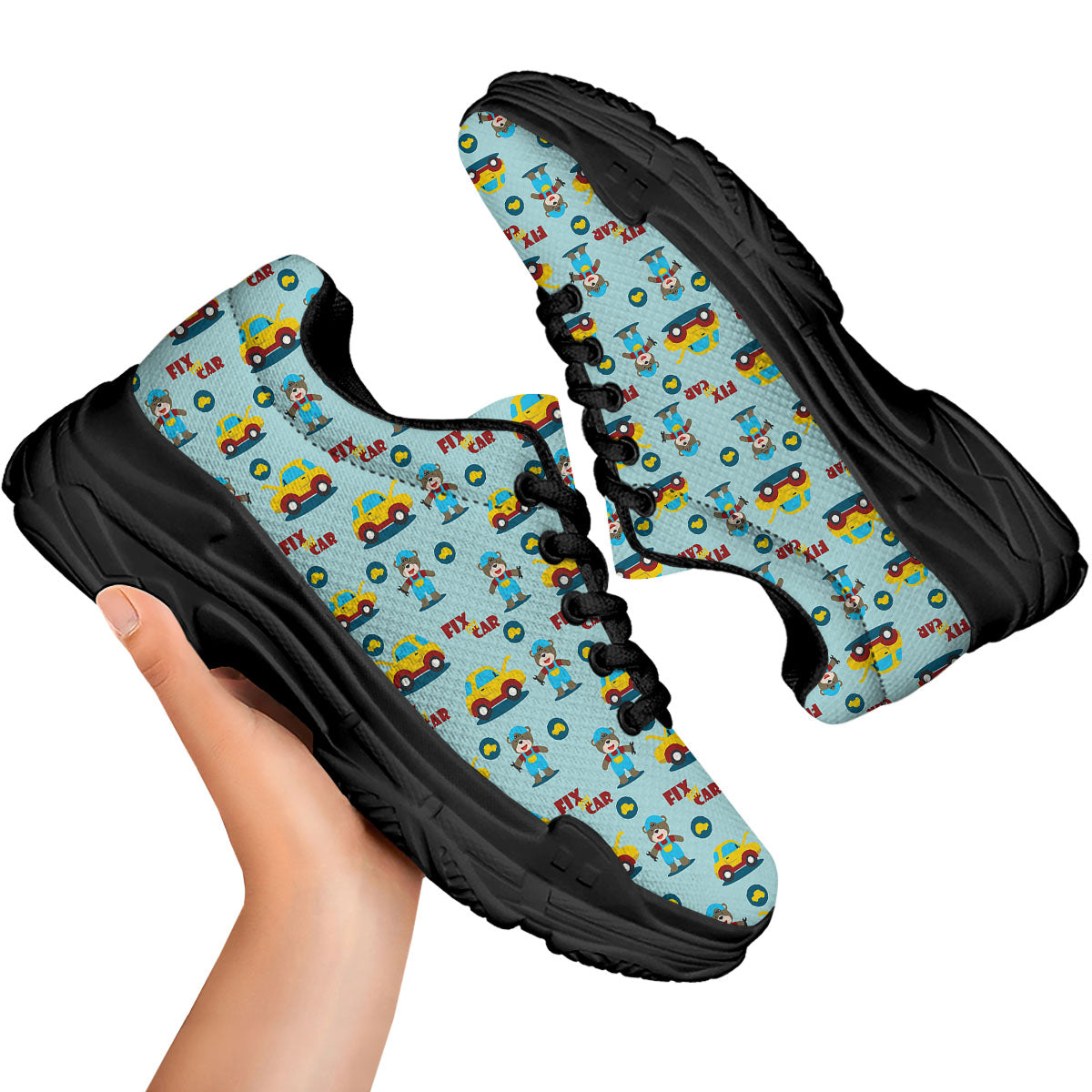Mechanic Cartoon Print Pattern Black Chunky Shoes-grizzshop