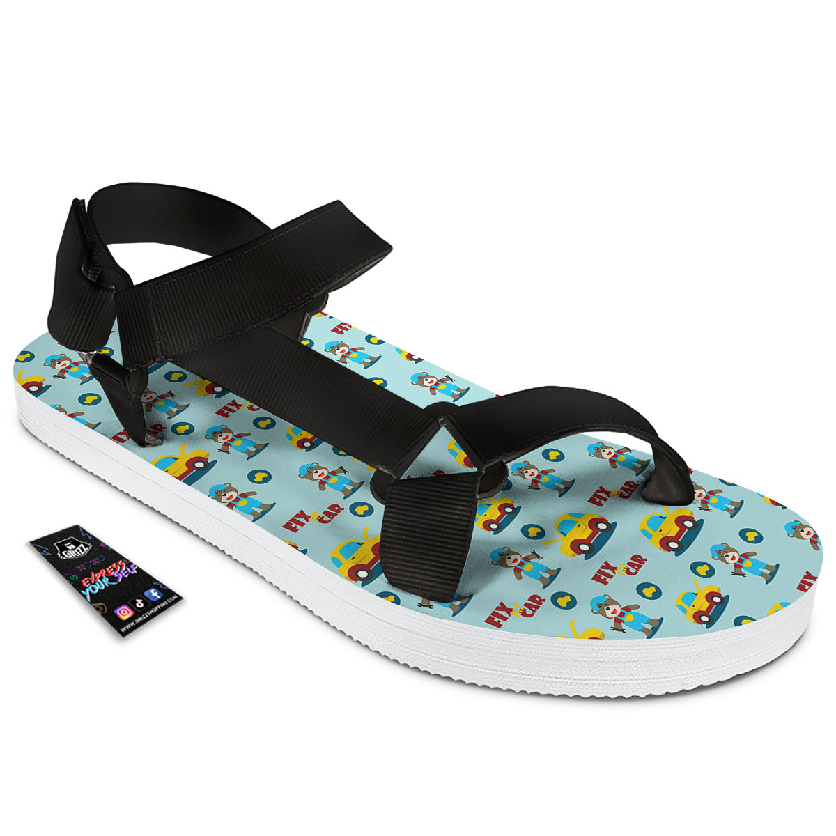 Mechanic Cartoon Print Pattern Black Open Toe Sandals-grizzshop