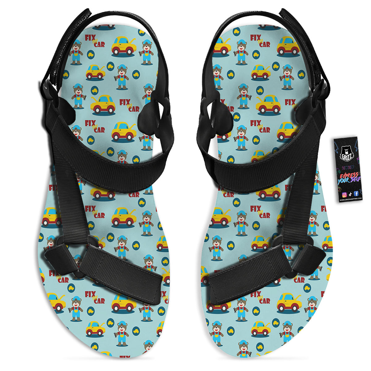 Mechanic Cartoon Print Pattern Black Open Toe Sandals-grizzshop