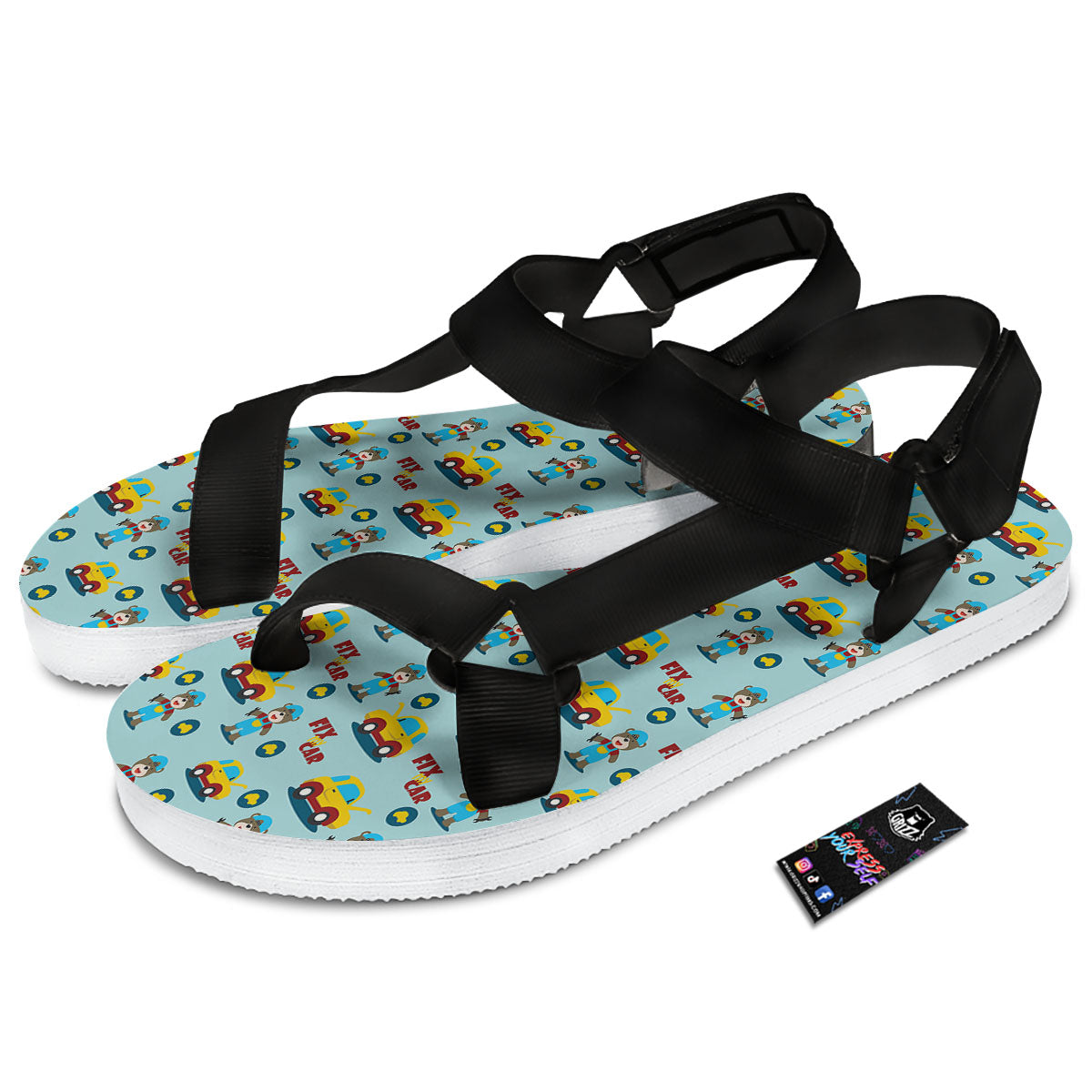 Mechanic Cartoon Print Pattern Black Open Toe Sandals-grizzshop