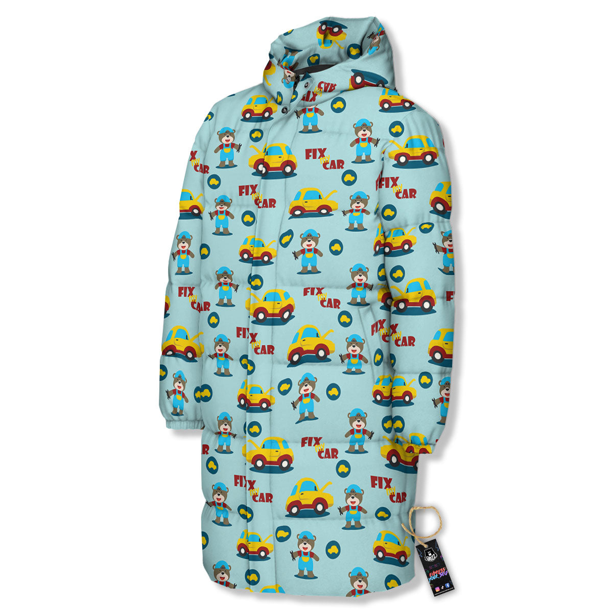 Mechanic Cartoon Print Pattern Long Down Jacket-grizzshop