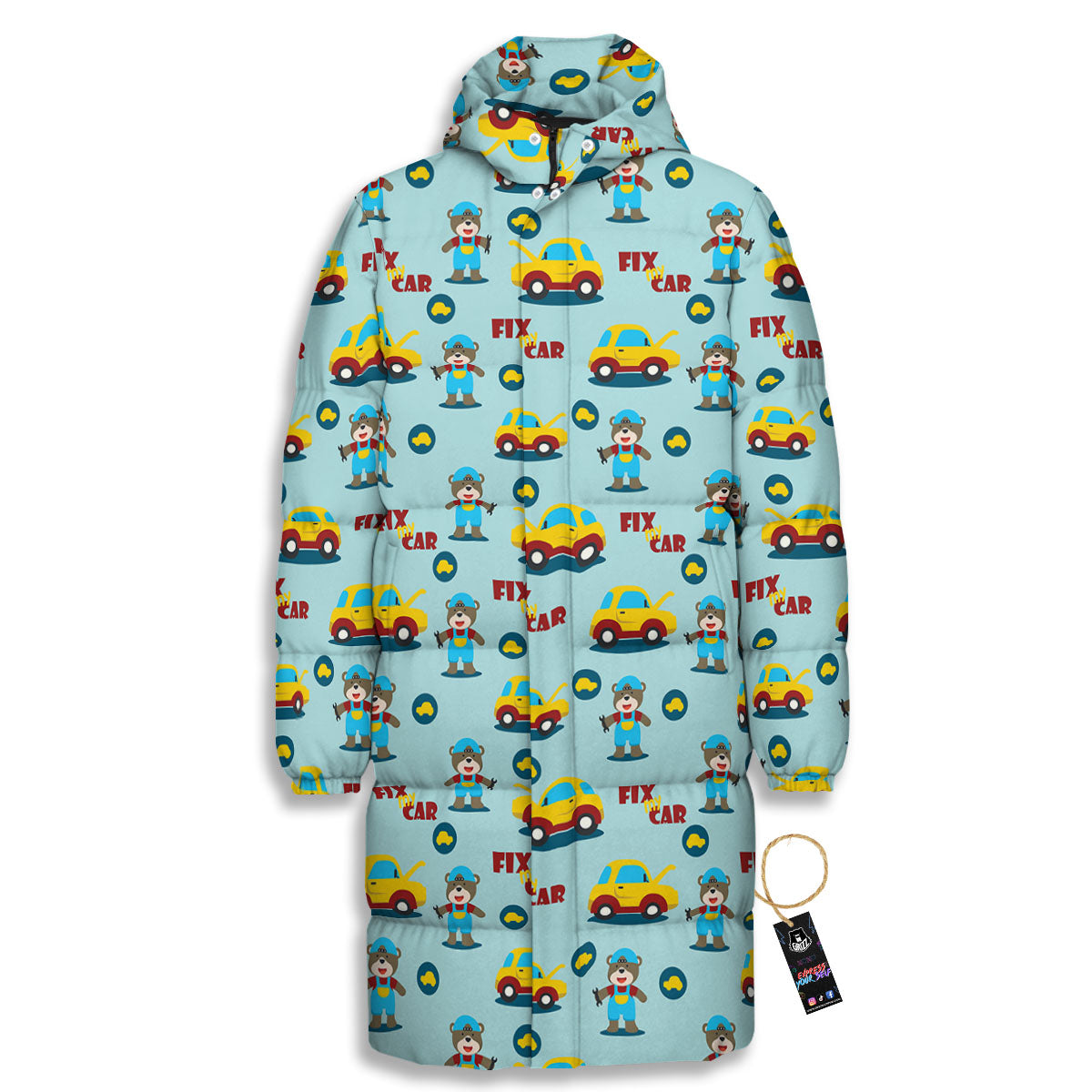 Mechanic Cartoon Print Pattern Long Down Jacket-grizzshop