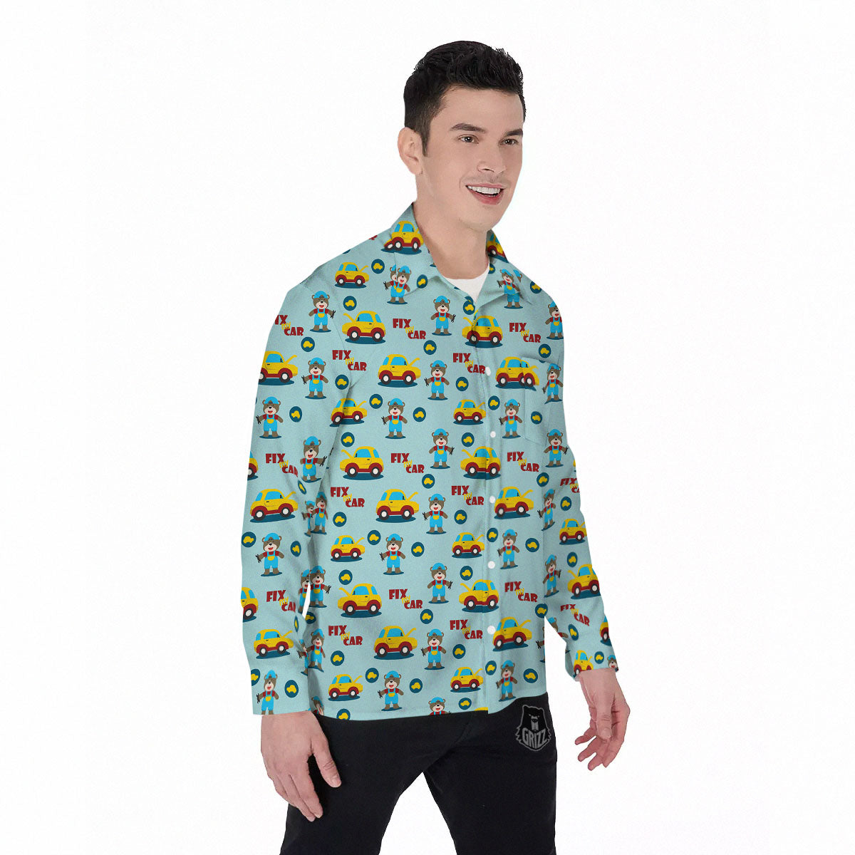 Mechanic Cartoon Print Pattern Men's Long Sleeve Shirts-grizzshop