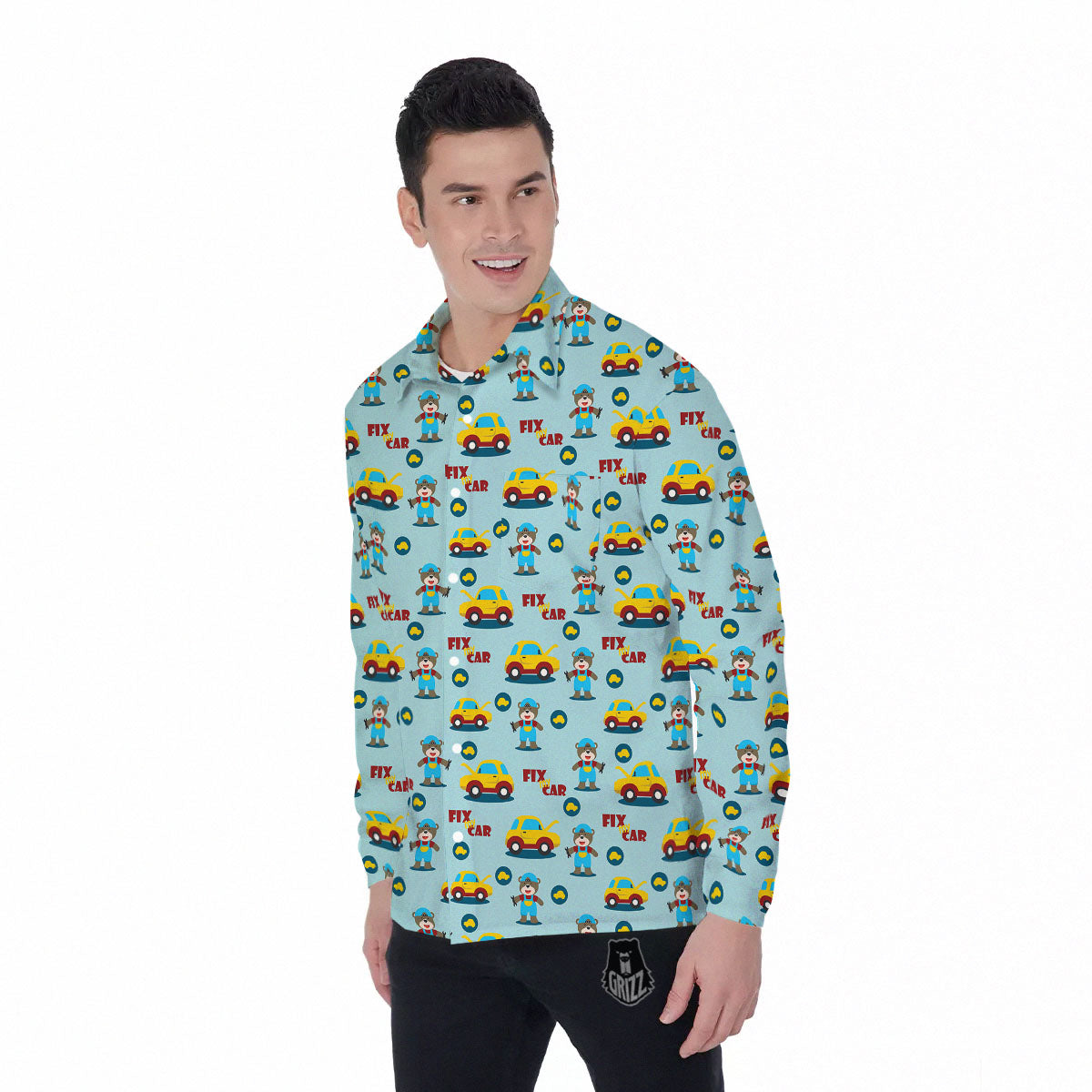 Mechanic Cartoon Print Pattern Men's Long Sleeve Shirts-grizzshop