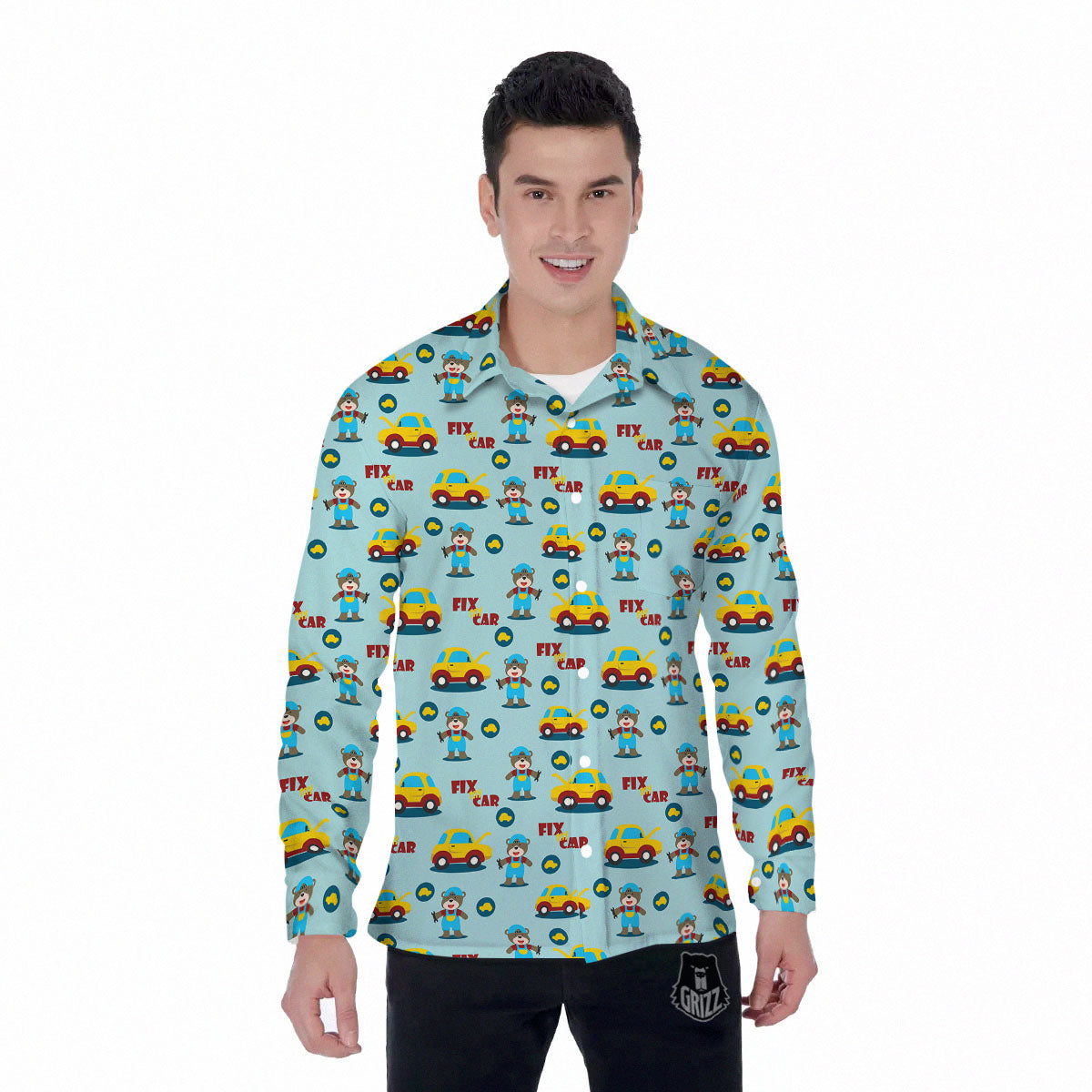 Mechanic Cartoon Print Pattern Men's Long Sleeve Shirts-grizzshop