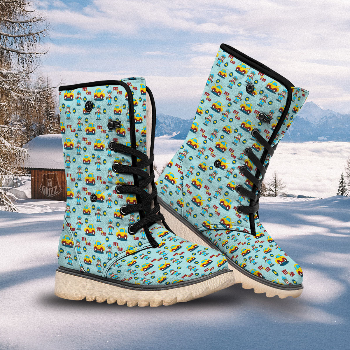 Mechanic Cartoon Print Pattern Snow Boots-grizzshop