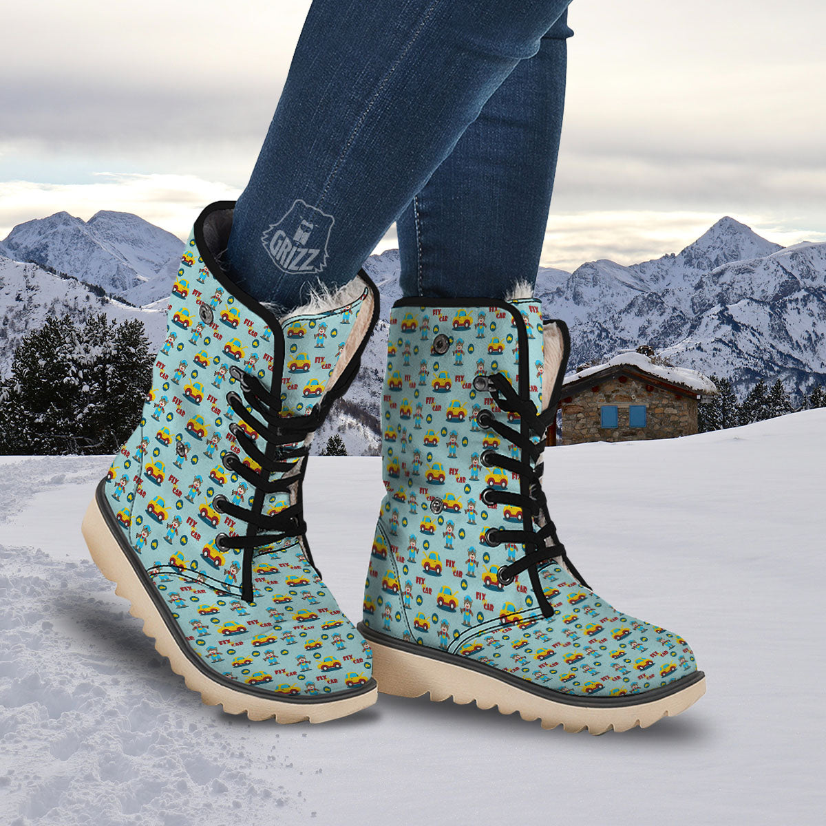 Mechanic Cartoon Print Pattern Snow Boots-grizzshop