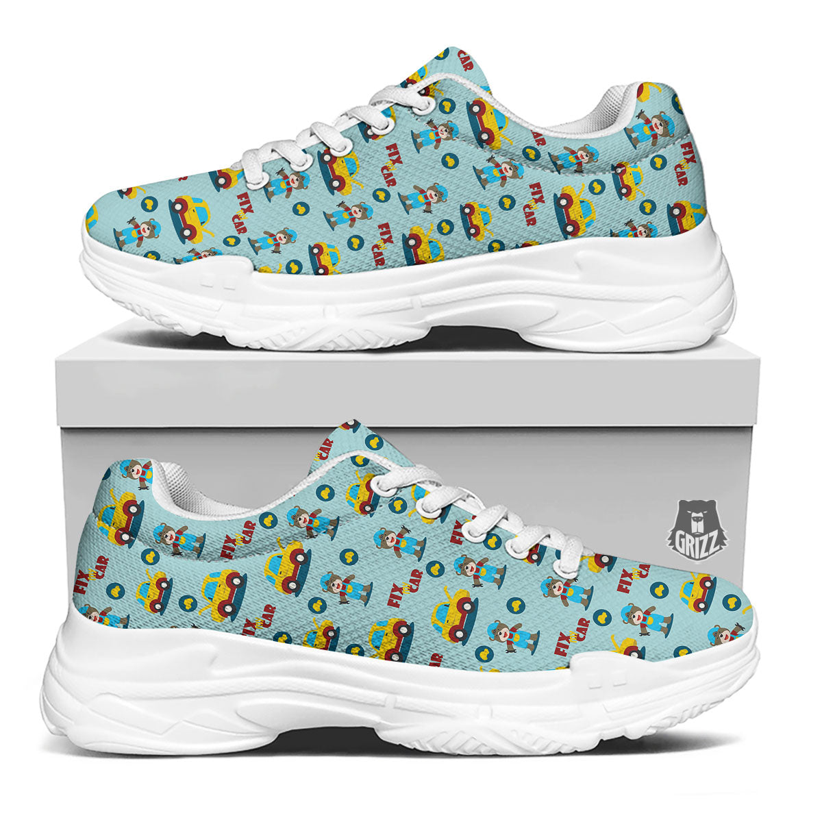 Mechanic Cartoon Print Pattern White Chunky Shoes-grizzshop