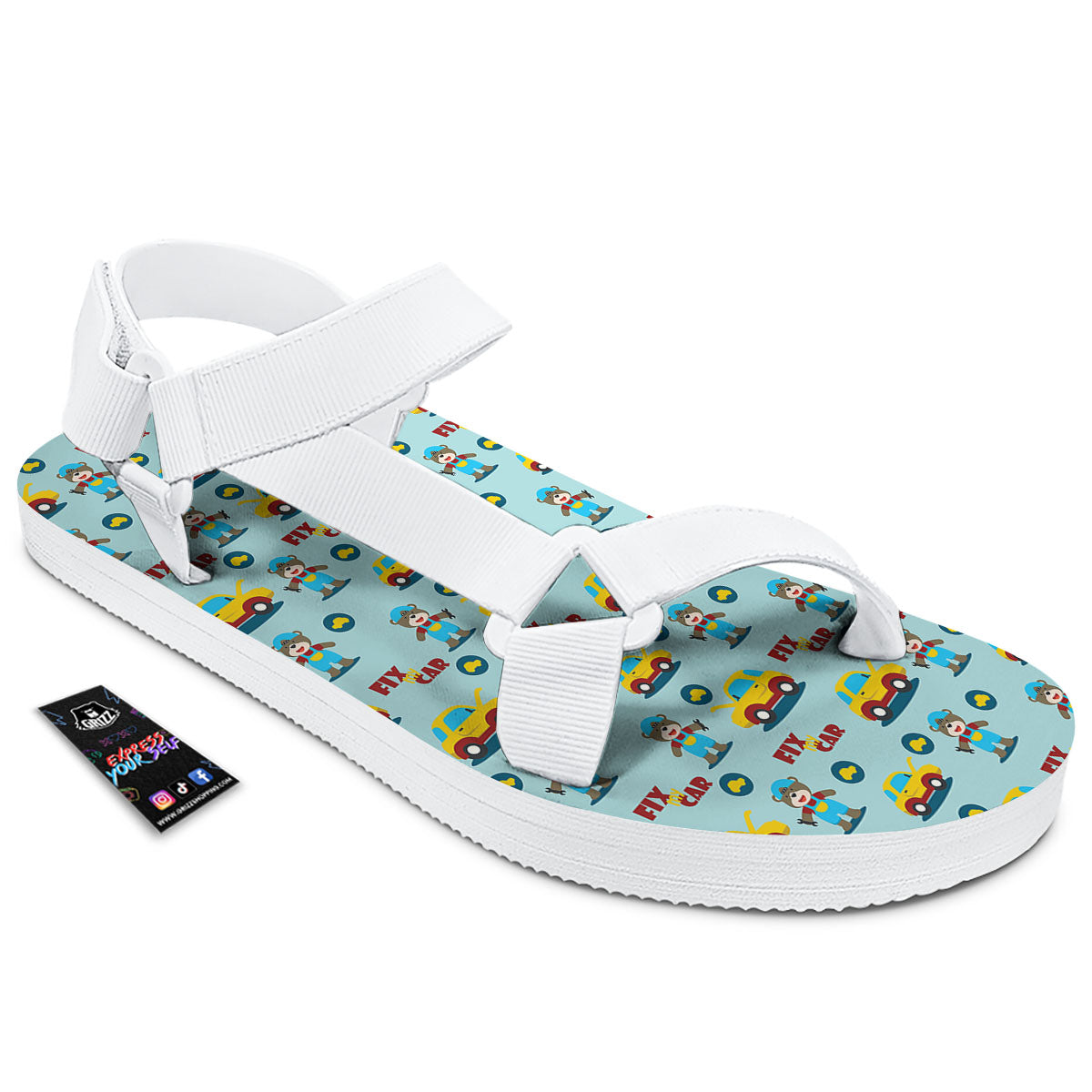 Mechanic Cartoon Print Pattern White Open Toe Sandals-grizzshop
