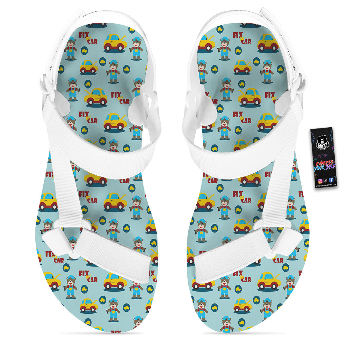 Mechanic Cartoon Print Pattern White Open Toe Sandals-grizzshop