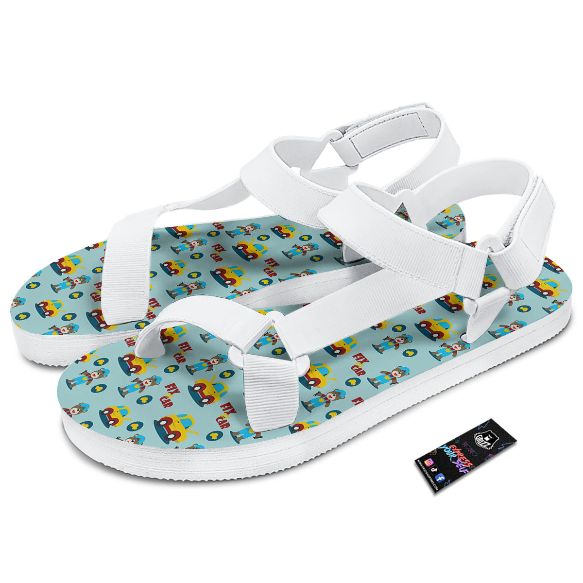Mechanic Cartoon Print Pattern White Open Toe Sandals-grizzshop