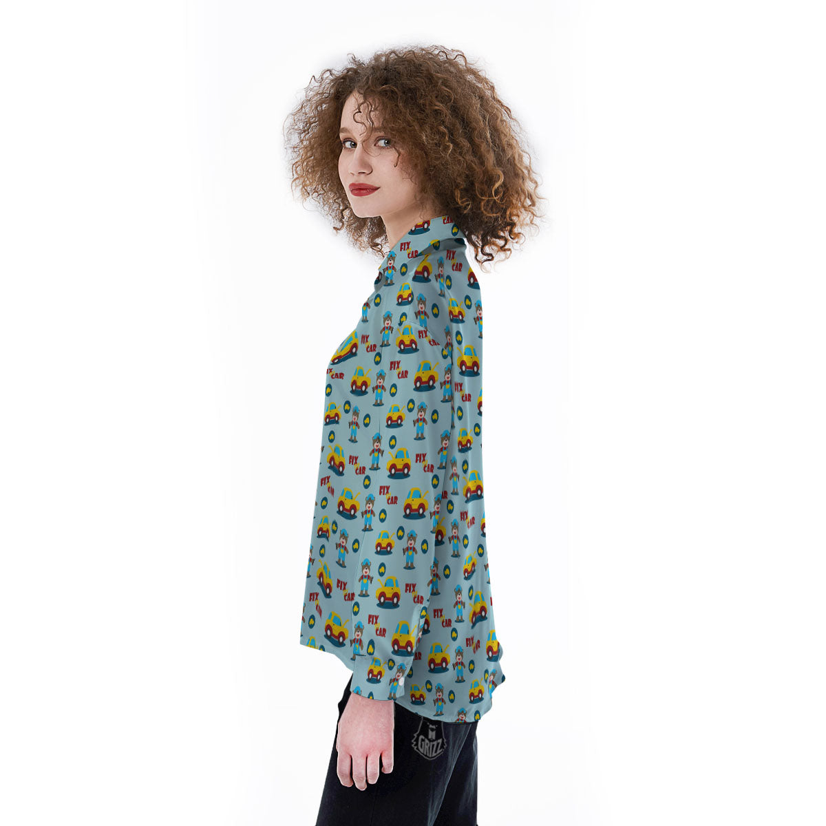 Mechanic Cartoon Print Pattern Women's Long Sleeve Shirts-grizzshop