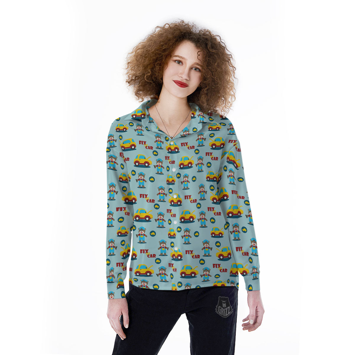 Mechanic Cartoon Print Pattern Women's Long Sleeve Shirts-grizzshop
