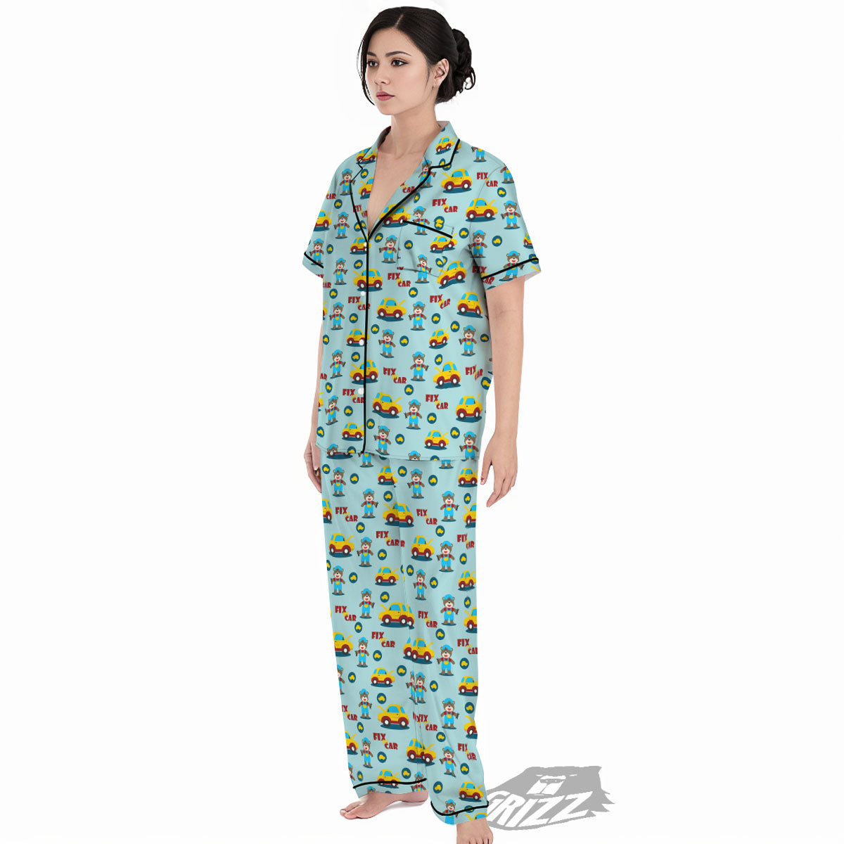 Mechanic Cartoon Print Pattern Women's Pajamas Set-grizzshop