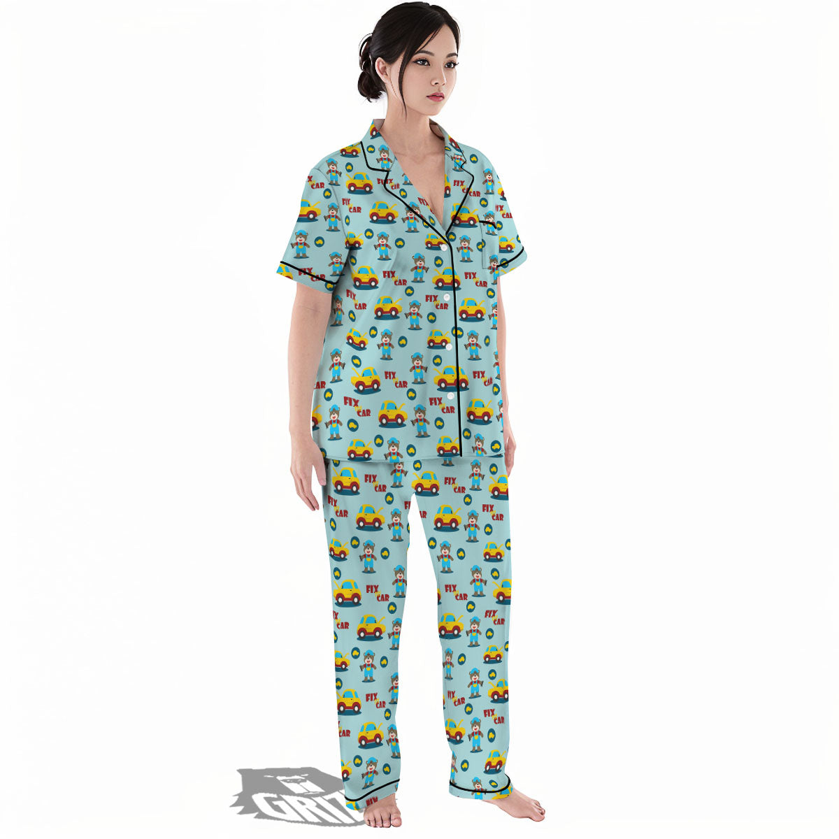 Mechanic Cartoon Print Pattern Women's Pajamas Set-grizzshop