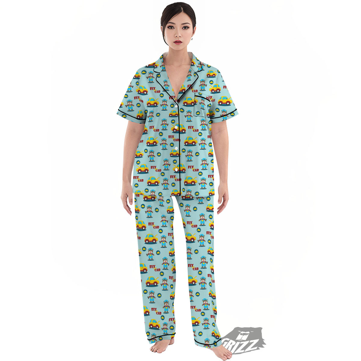 Mechanic Cartoon Print Pattern Women's Pajamas Set-grizzshop