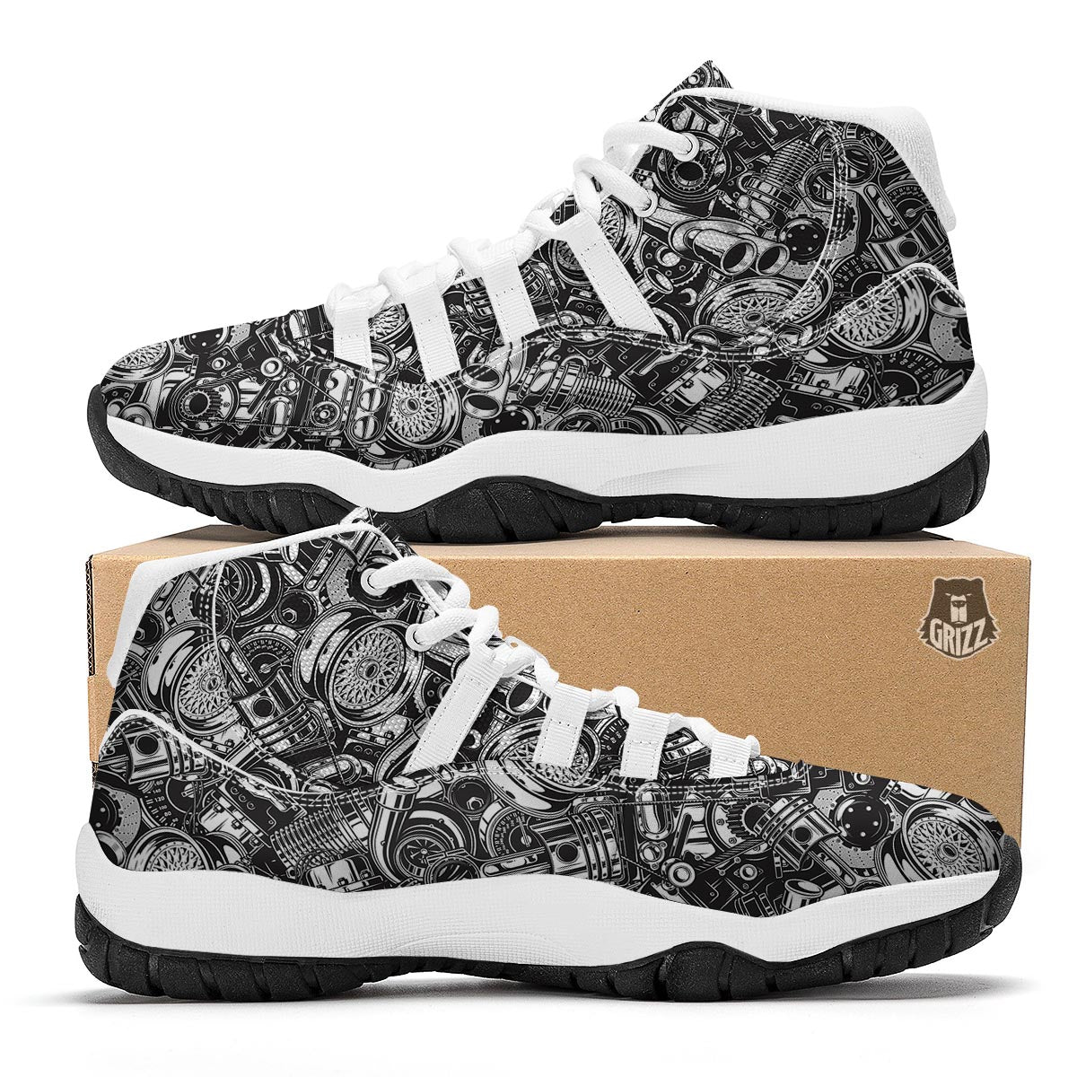 Mechanic Pattern Print White Bball Shoes-grizzshop