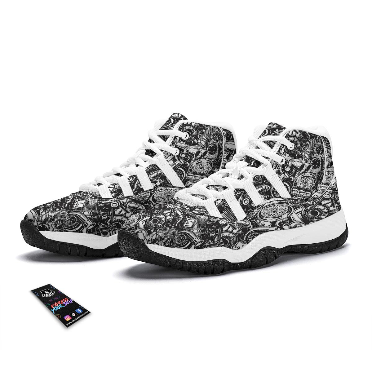 Mechanic Pattern Print White Bball Shoes-grizzshop