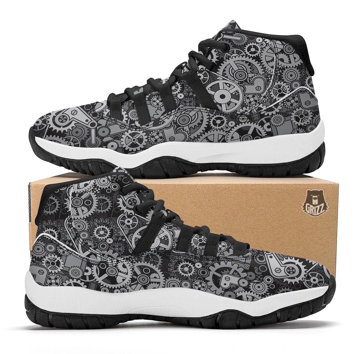 Mechanic Print Pattern Black Bball Shoes-grizzshop