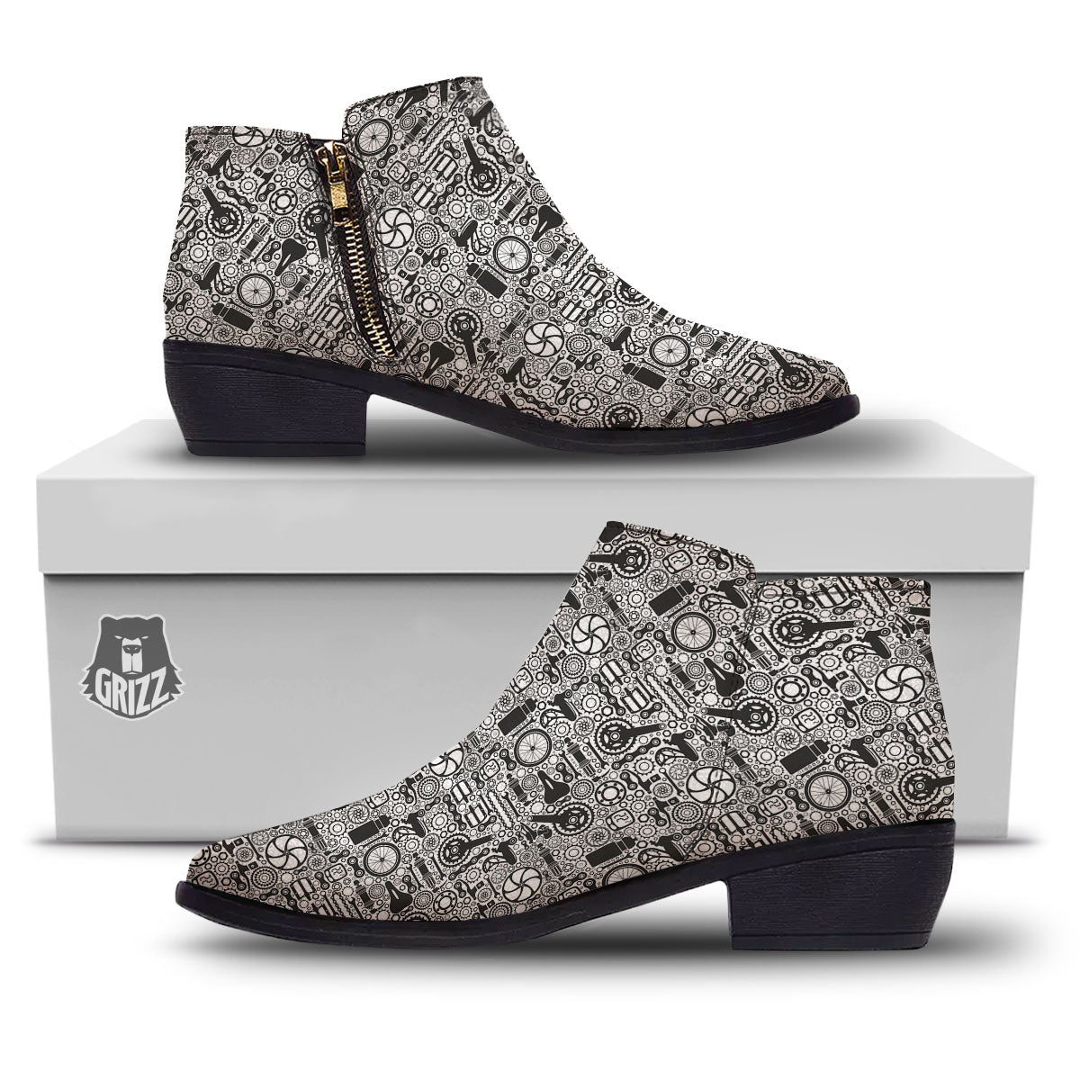 Mechanic White And Black Print Pattern Ankle Boots-grizzshop