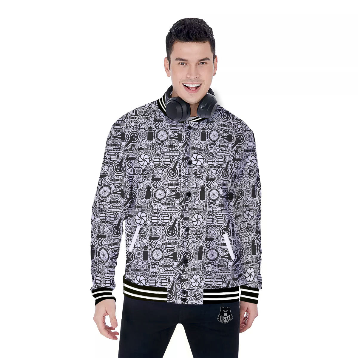 Mechanic White And Black Print Pattern Baseball Jacket-grizzshop