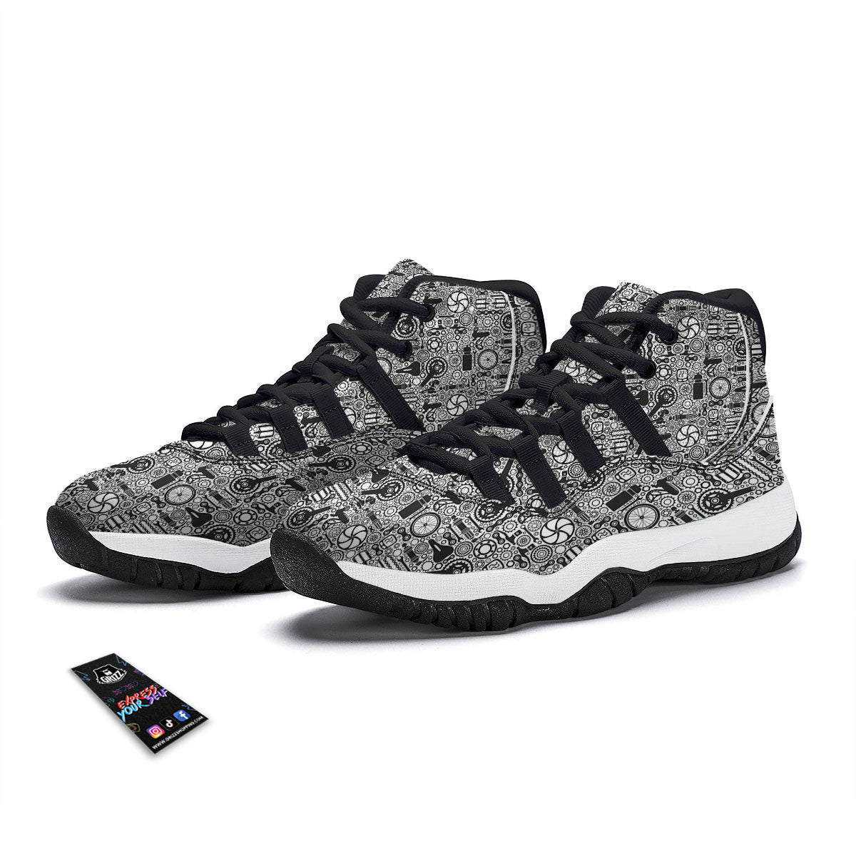 Mechanic White And Black Print Pattern Black Bball Shoes-grizzshop