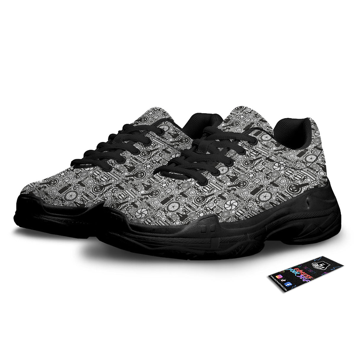 Mechanic White And Black Print Pattern Black Chunky Shoes-grizzshop