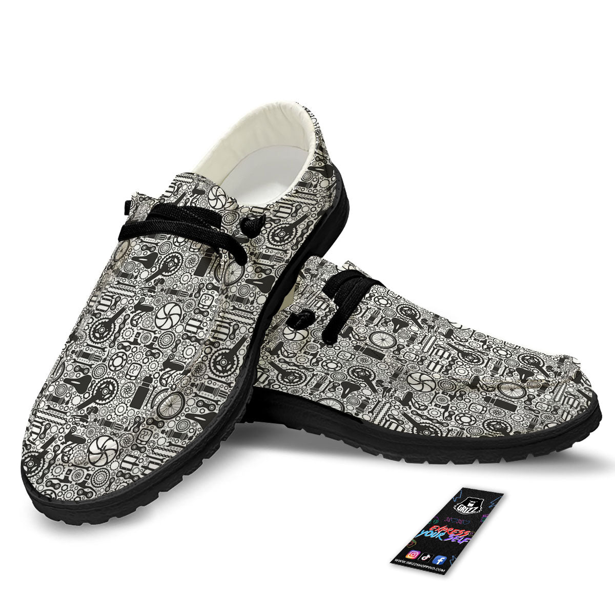 Mechanic White And Black Print Pattern Black Loafers-grizzshop