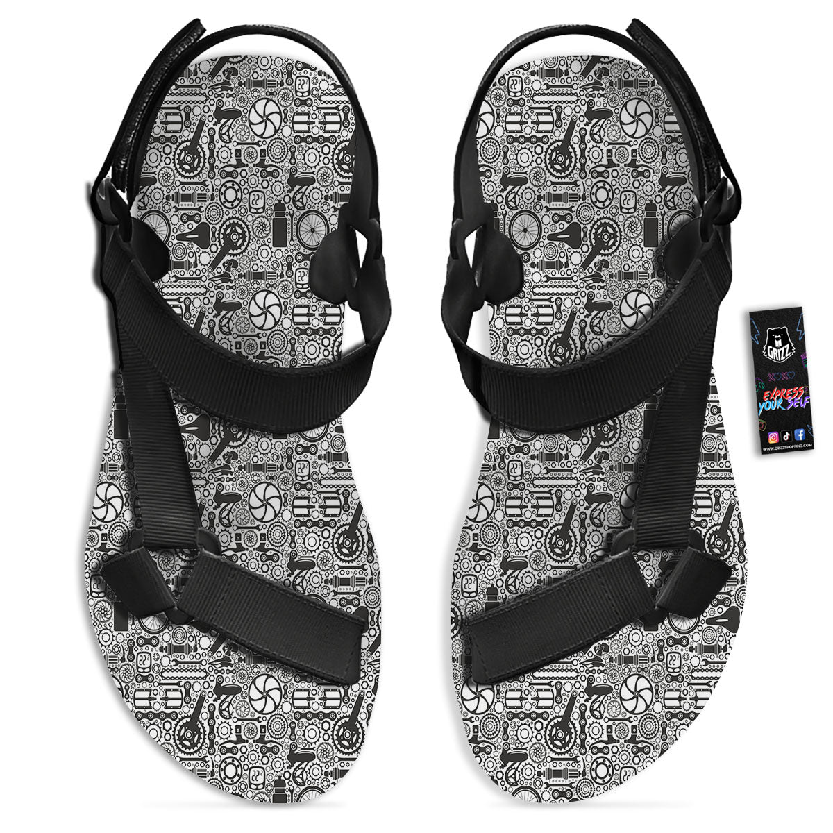 Mechanic White And Black Print Pattern Black Open Toe Sandals-grizzshop