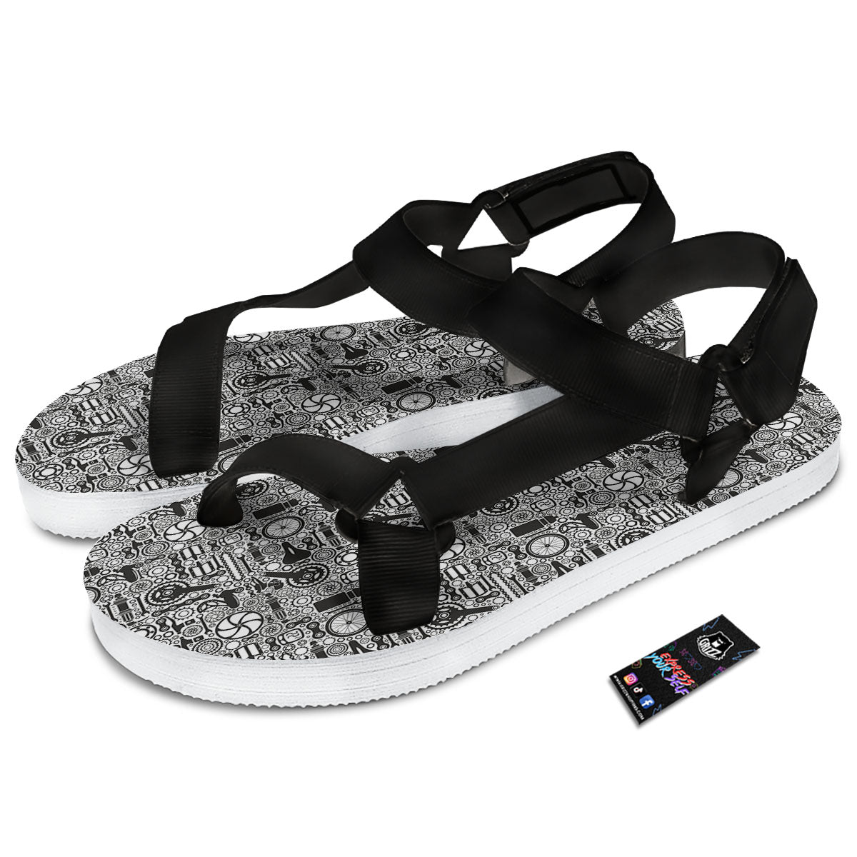 Mechanic White And Black Print Pattern Black Open Toe Sandals-grizzshop