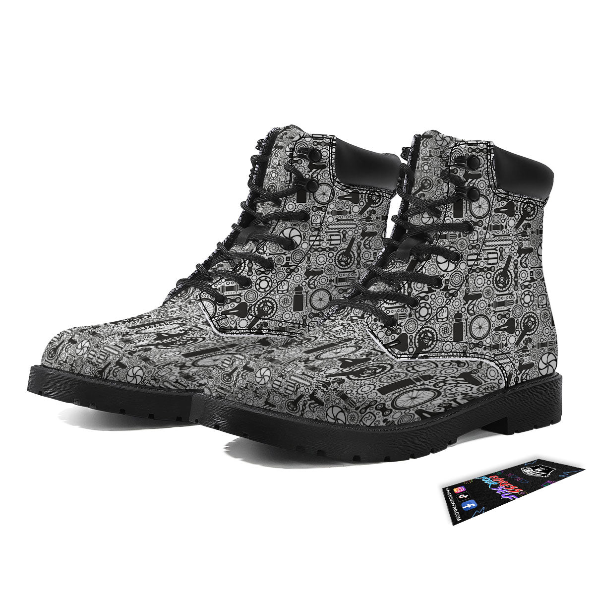 Mechanic White And Black Print Pattern Boots-grizzshop