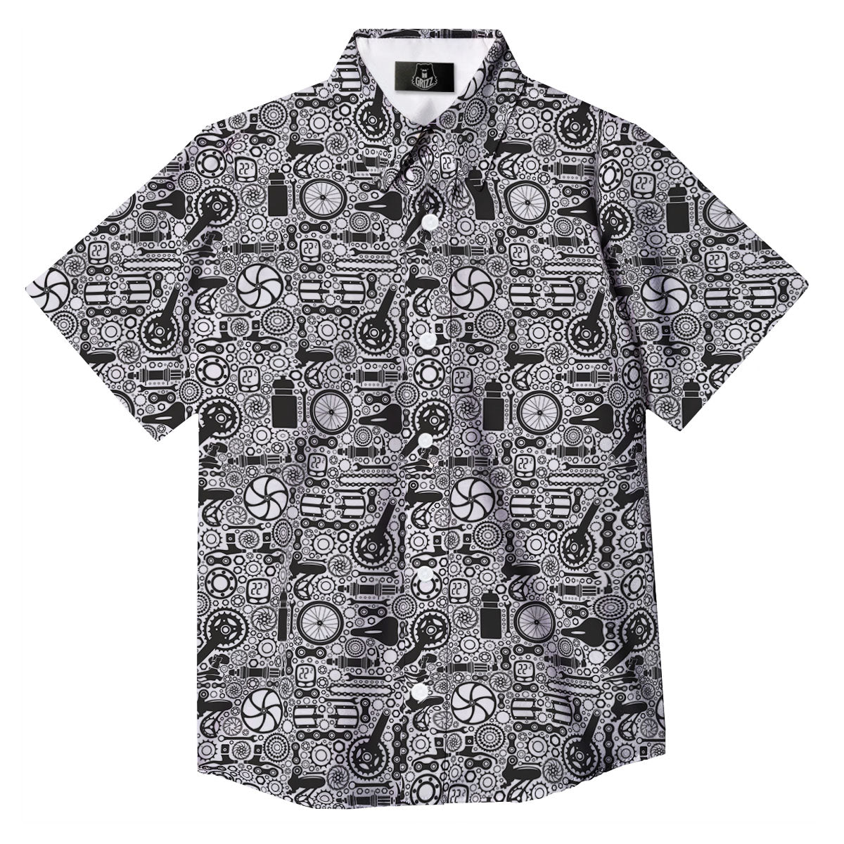Mechanic White And Black Print Pattern Button Up Shirt-grizzshop