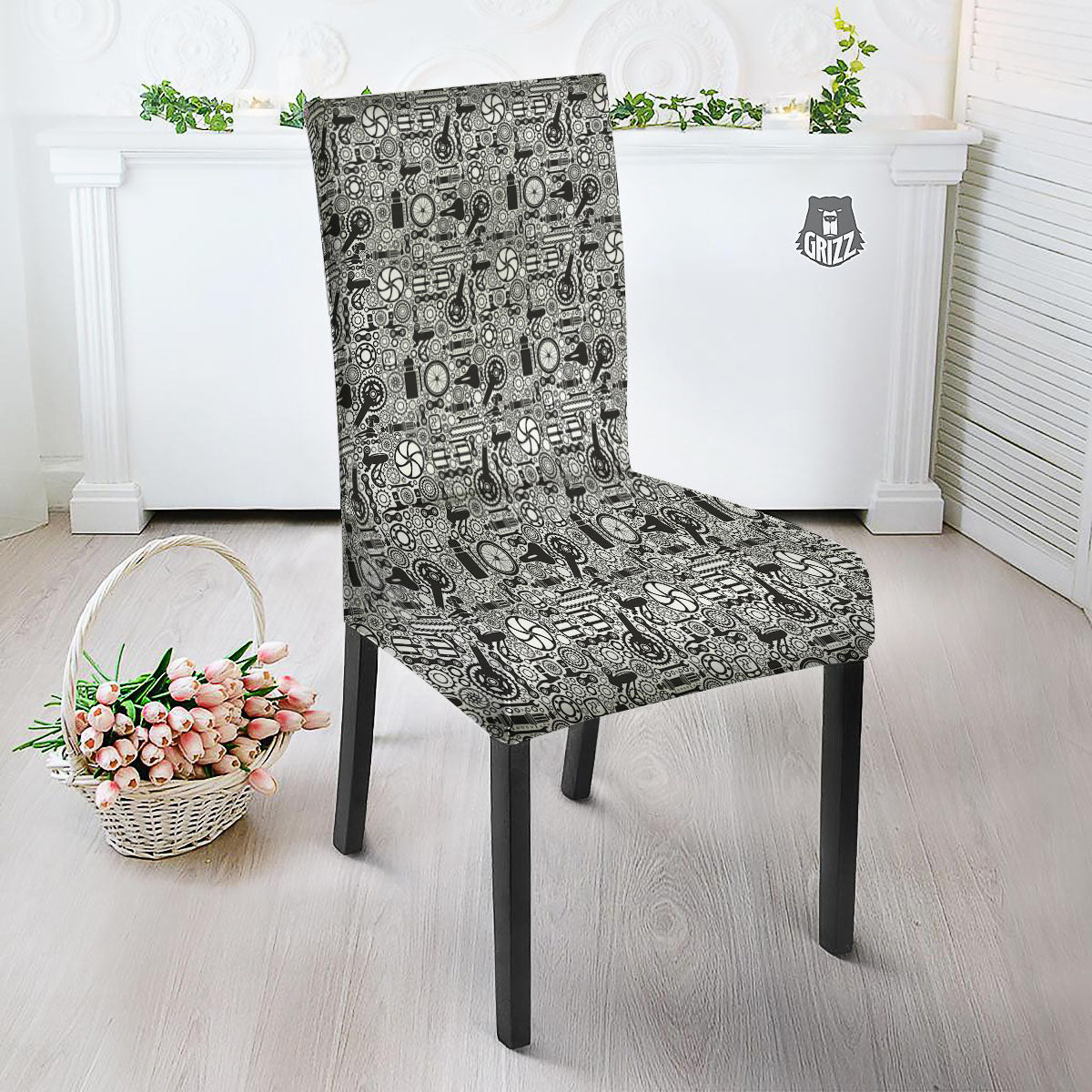 Mechanic White And Black Print Pattern Dining Chair Slipcover-grizzshop