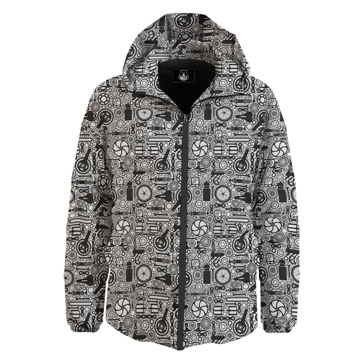 Mechanic White And Black Print Pattern Down Jacket-grizzshop