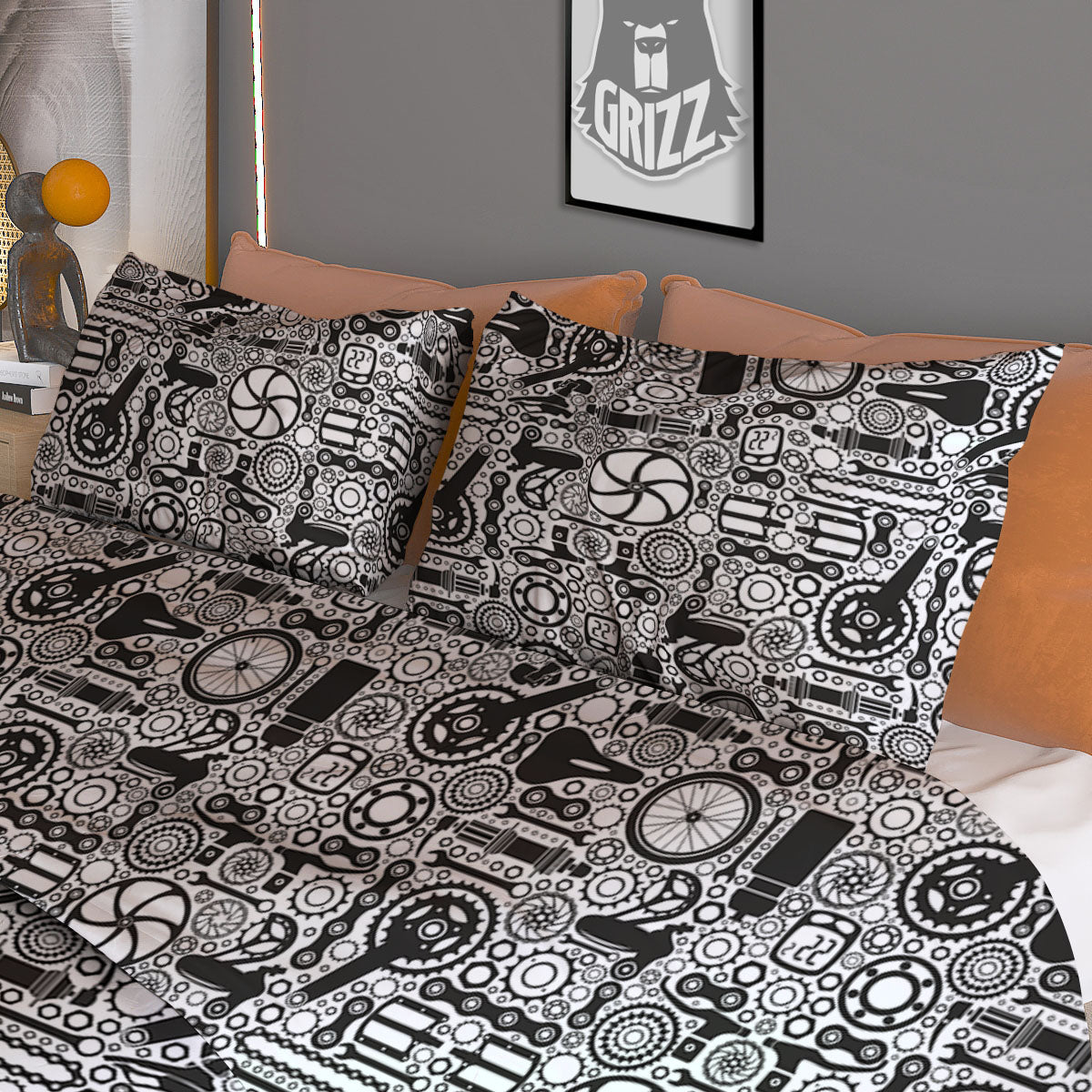 Mechanic White And Black Print Pattern Duvet Cover Bedding Set