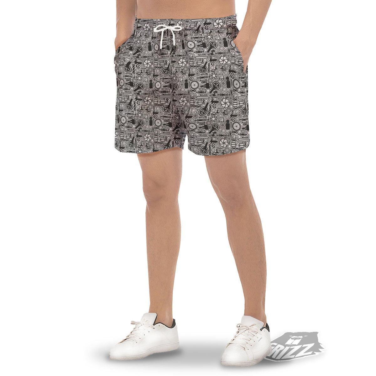 Mechanic White And Black Print Pattern Men's Gym Shorts-grizzshop