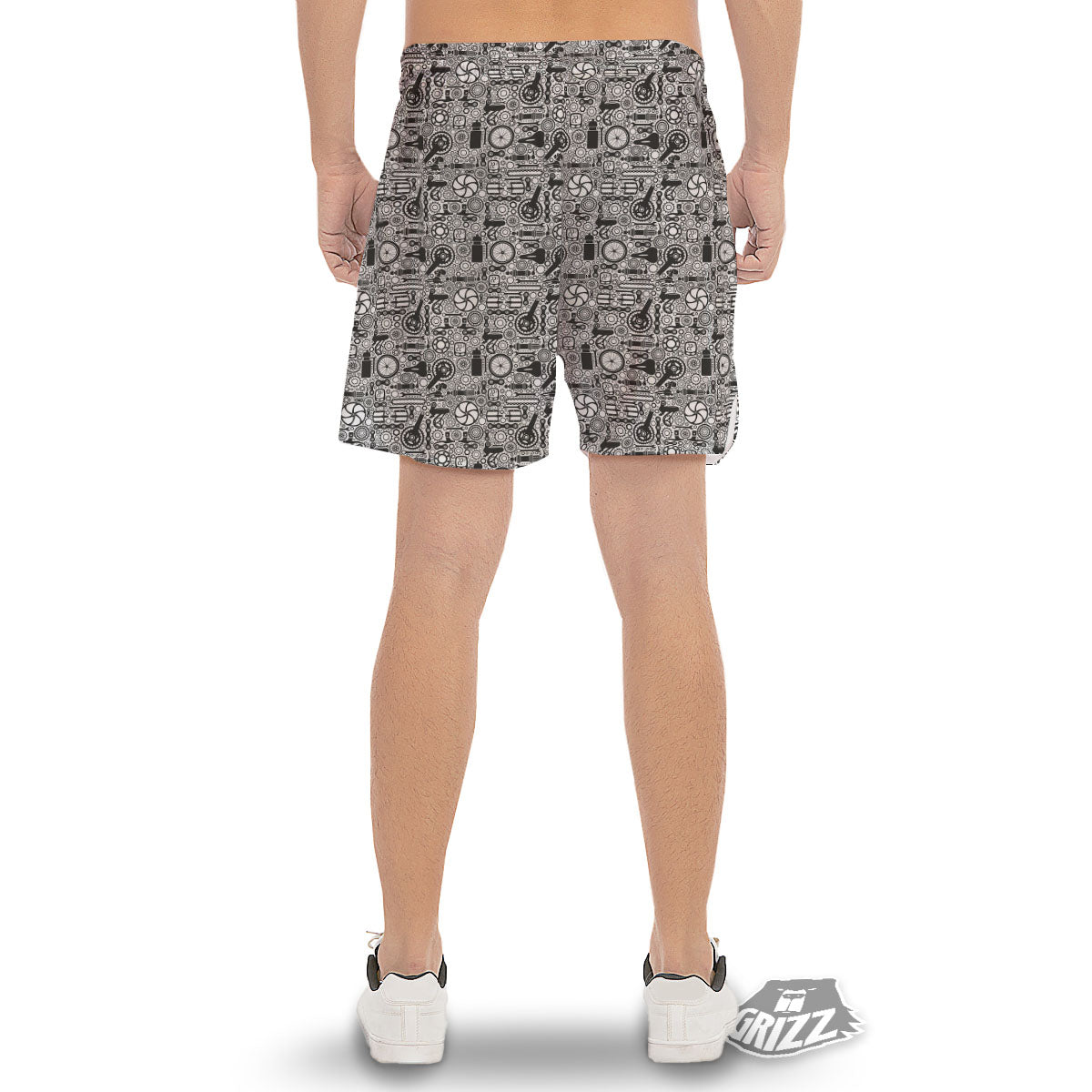 Mechanic White And Black Print Pattern Men's Gym Shorts-grizzshop