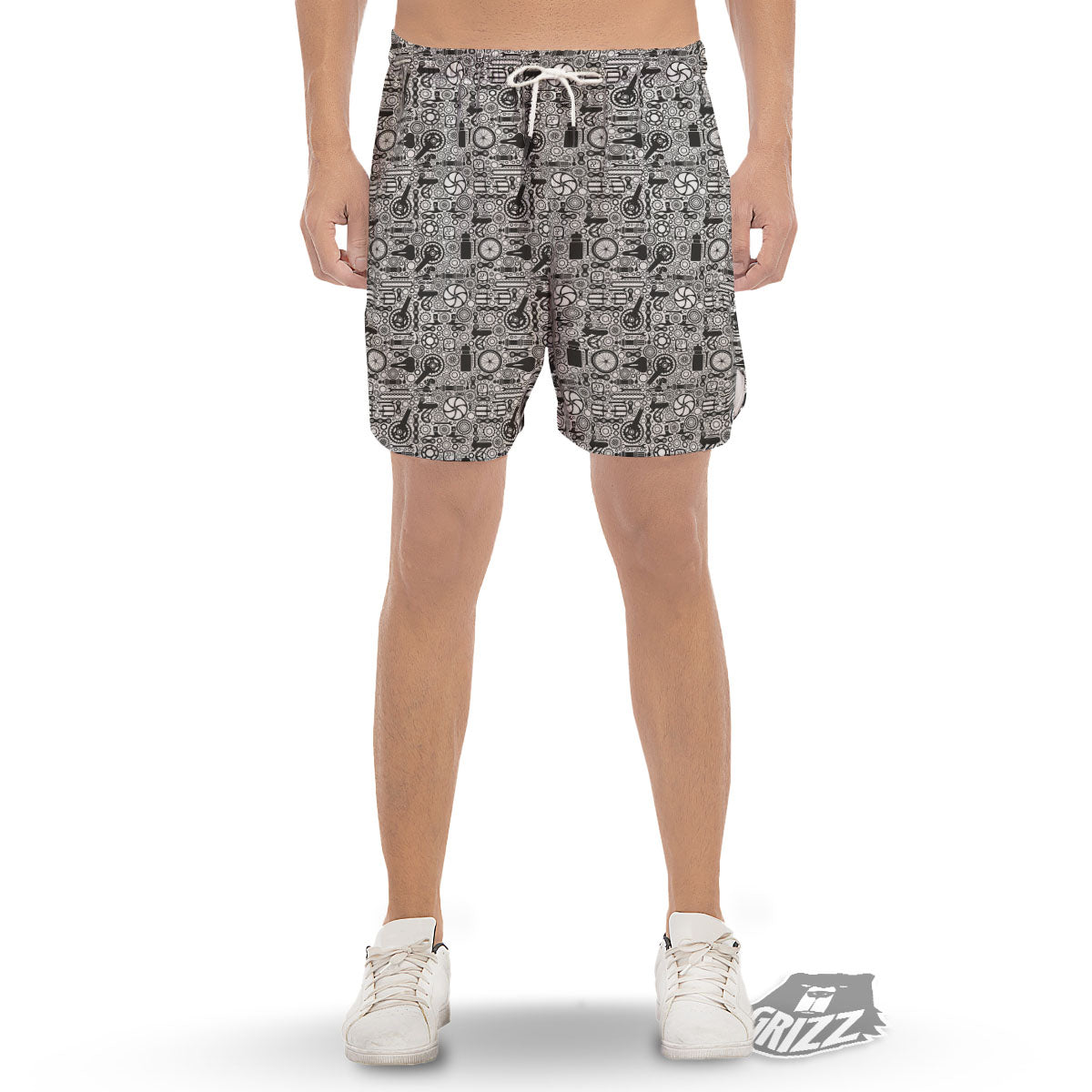 Mechanic White And Black Print Pattern Men's Gym Shorts-grizzshop
