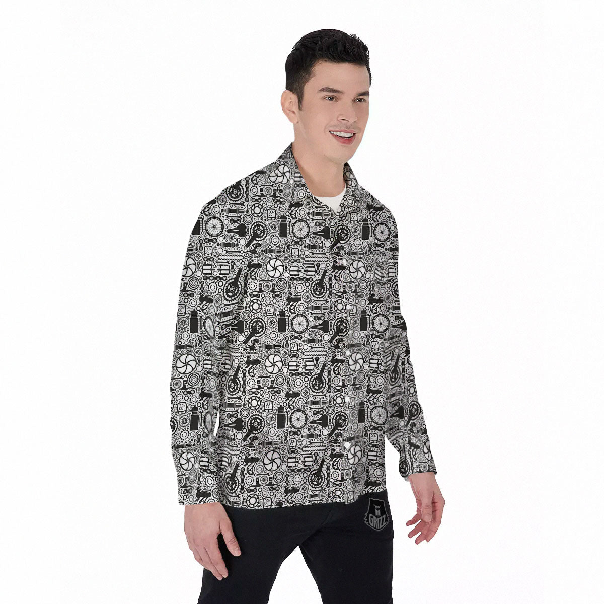 Mechanic White And Black Print Pattern Men's Long Sleeve Shirts-grizzshop
