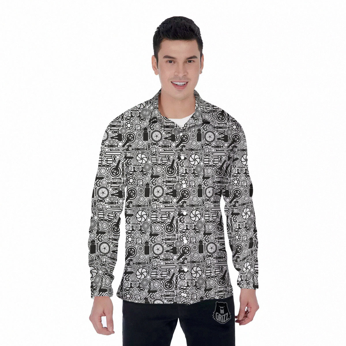 Mechanic White And Black Print Pattern Men's Long Sleeve Shirts-grizzshop