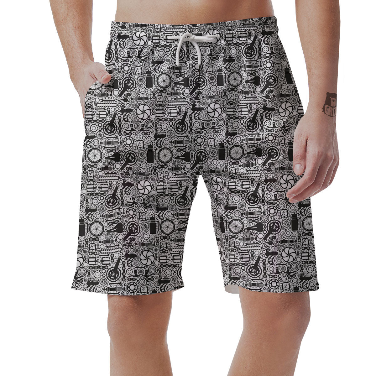 Mechanic White And Black Print Pattern Men's Shorts-grizzshop