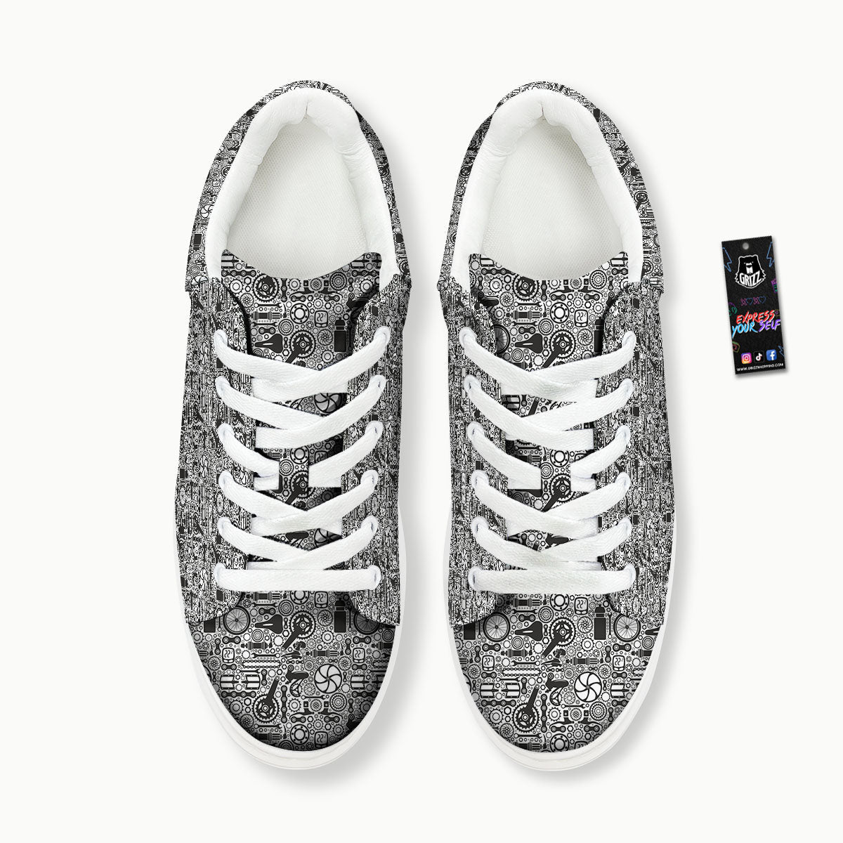 Mechanic White And Black Print Pattern Platform Shoes-grizzshop