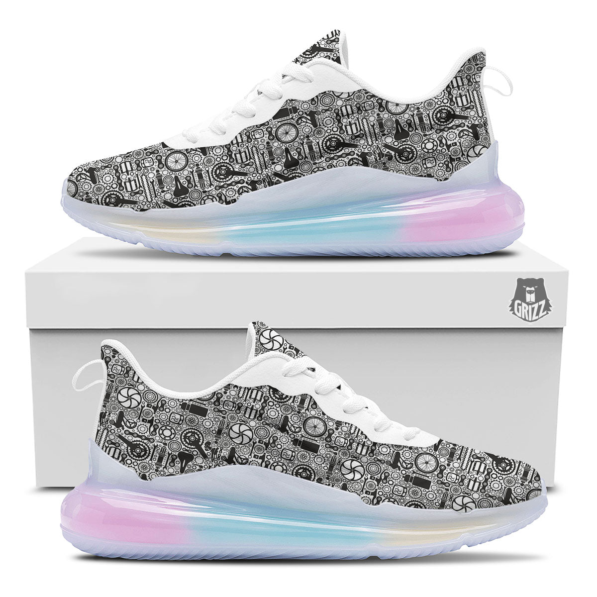 Mechanic White And Black Print Pattern Running Sneakers-grizzshop