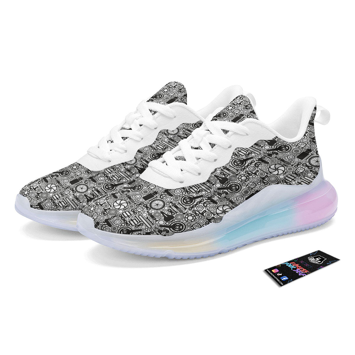 Mechanic White And Black Print Pattern Running Sneakers-grizzshop