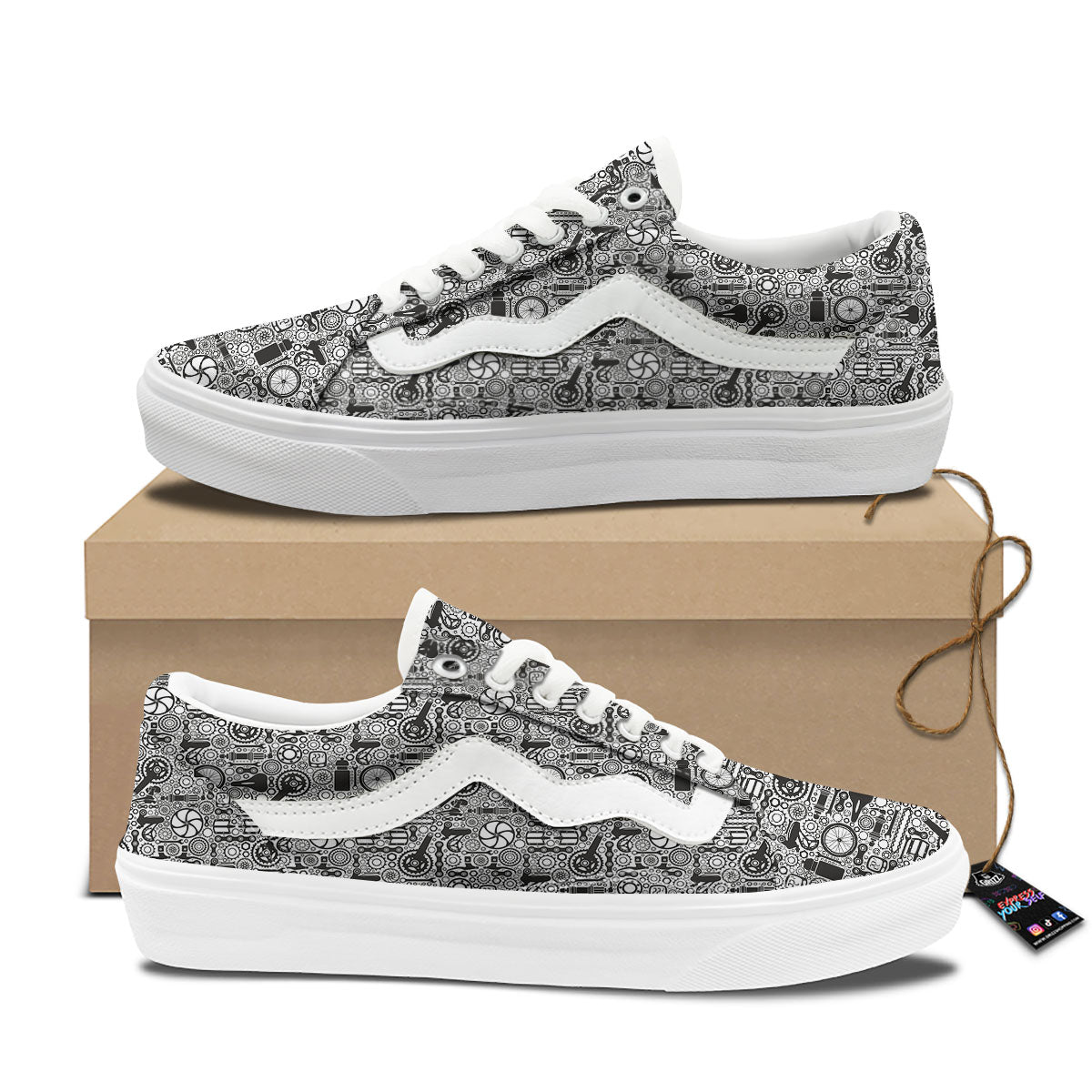 Mechanic White And Black Print Pattern Skate Shoes-grizzshop