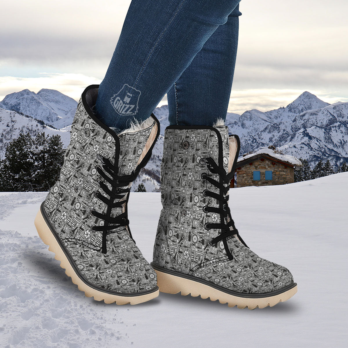 Mechanic White And Black Print Pattern Snow Boots-grizzshop